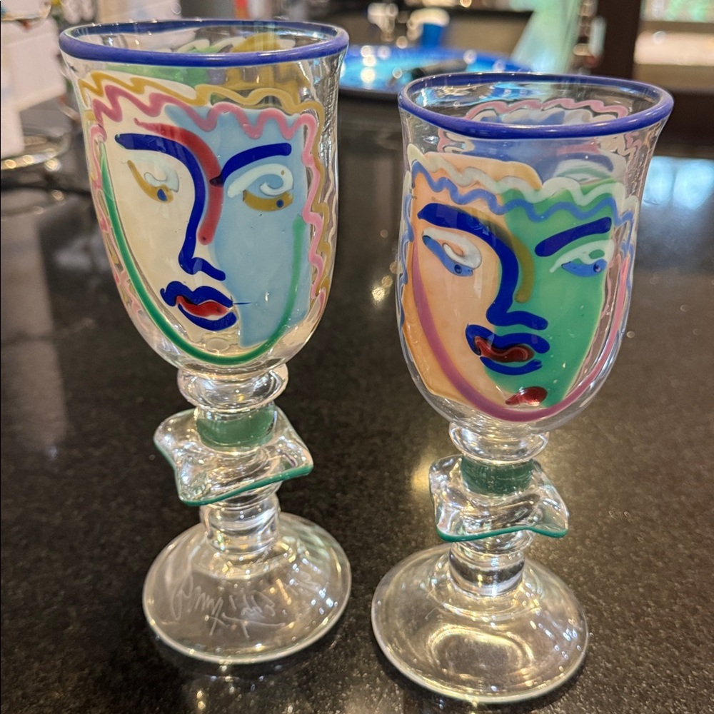Bernstein Art Glass Goblets, Stemware, Vintage Art Glass Face Signed